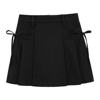 Mini Skirt in Pleated A-Line with Side Ties - black front view