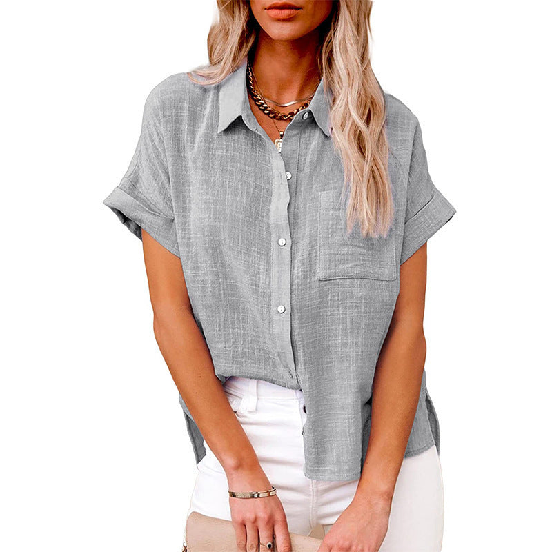 Short-Sleeve Textured Shirt with Pocket - Grey front view
