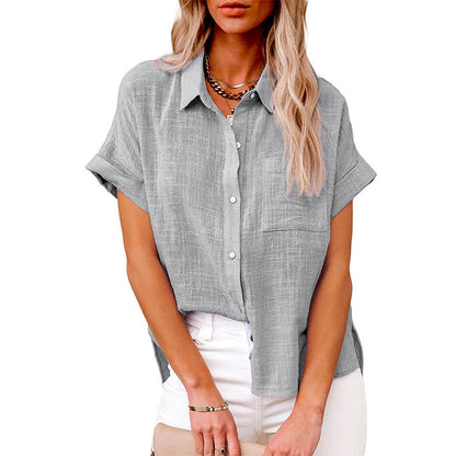 Short-Sleeve Textured Shirt with Pocket - Grey front view