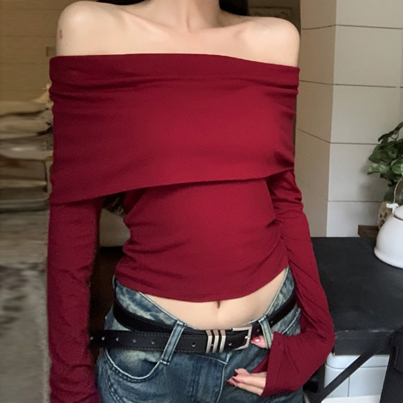 Top in Wine Red with Draped Bardot Neck - wine red straight Bardot front