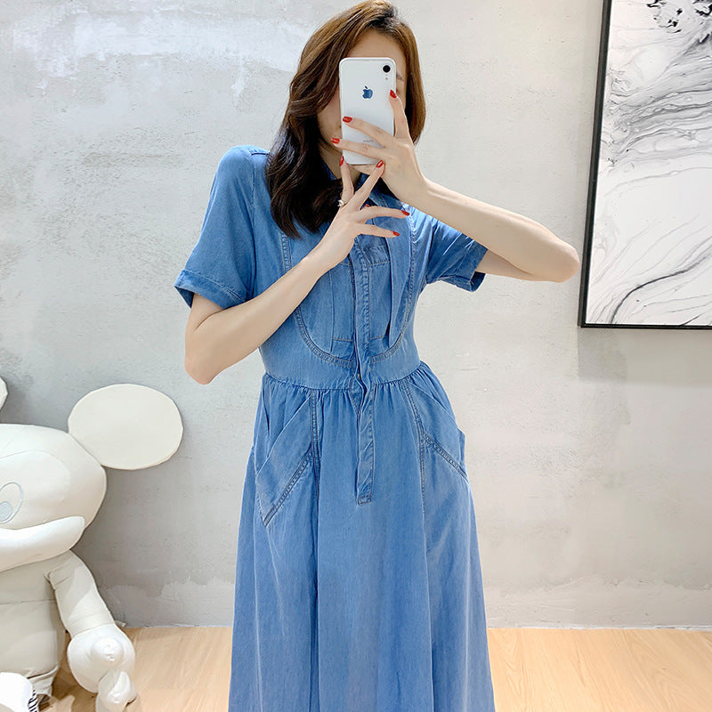 Shirt Dress in Soft Blue Tencel Denim - blue bodice and collar detail