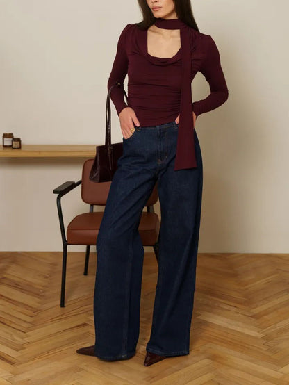 Long-Sleeve Top with Scarf Neck and Drape Front - claret full-length front view with wide-leg denim