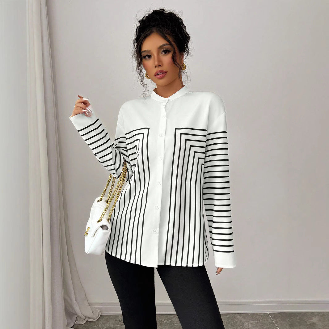 Shirt in White Monochrome Stripe Print - white horizontal stripe full-length view