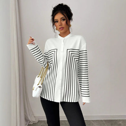 Shirt in White Monochrome Stripe Print - white horizontal stripe full-length view