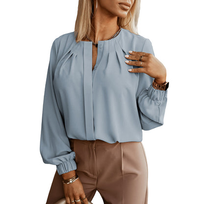 Blouse with Pleated Split Neck and Blouson Sleeves - light grey front view