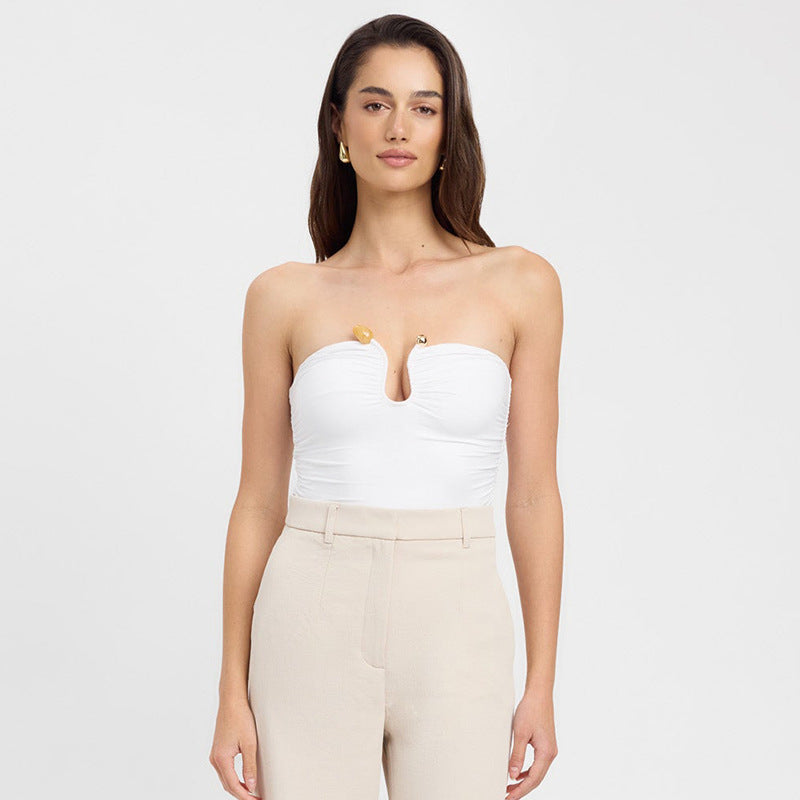Bandeau Top with Agate Detail - soft neutral full-length front
