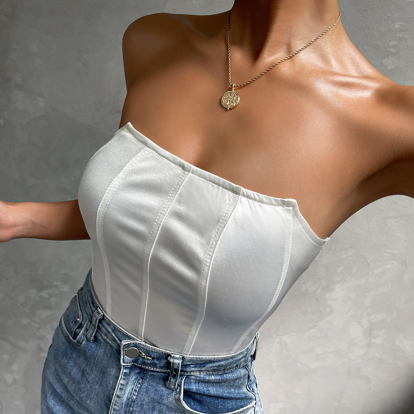 Bodysuit in White Satin-Feel Bandeau Corset Style - white neckline and corset seam detail