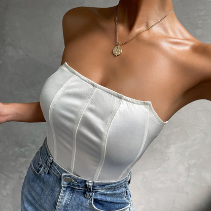 Bodysuit in White Satin-Feel Bandeau Corset Style - white neckline and corset seam detail