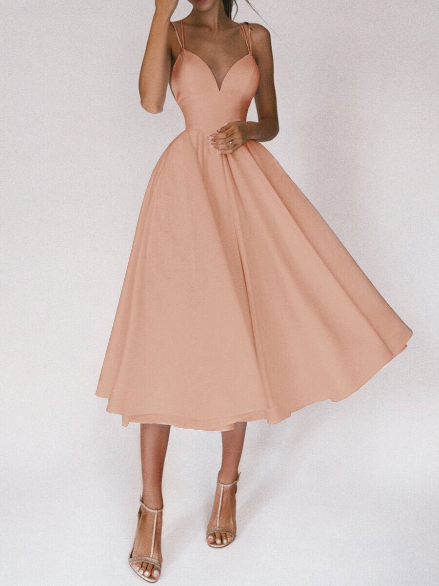 Midi Dress with Plunge Neck and Low Back - Apricot front view
