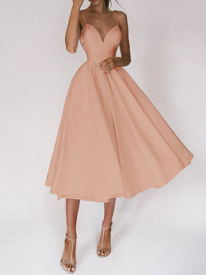 Midi Dress with Plunge Neck and Low Back - Apricot front view