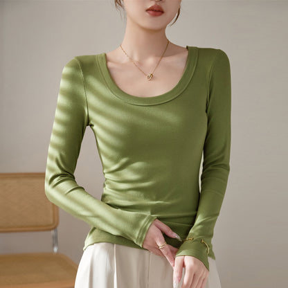 Long Sleeve Top in Ribbed Cotton with Scoop Neck - emerald front view
