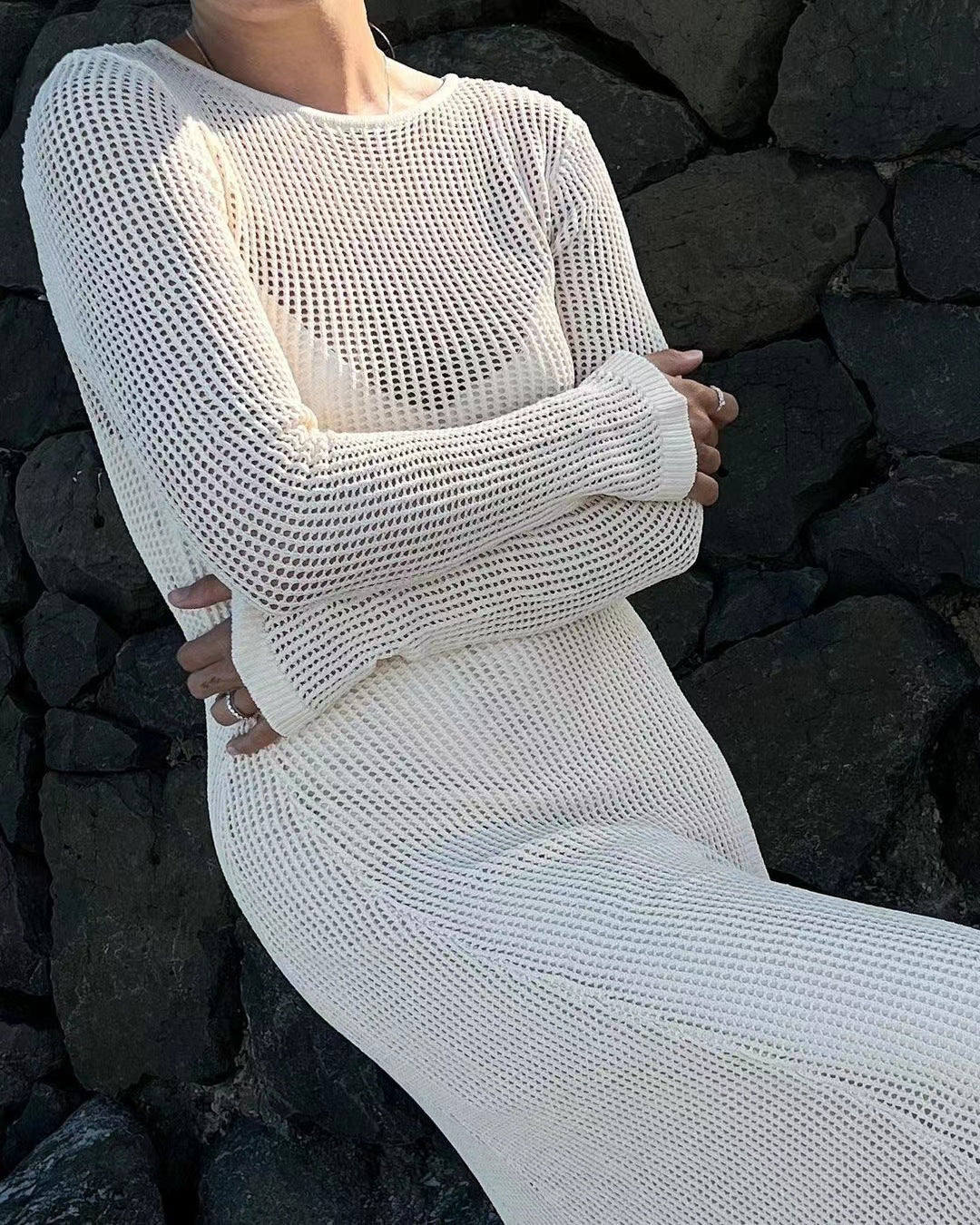 Maxi Dress in Sheer Open-Knit Cotton - Apricot open-knit texture close-up