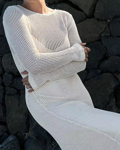 Maxi Dress in Sheer Open-Knit Cotton - Apricot open-knit texture close-up