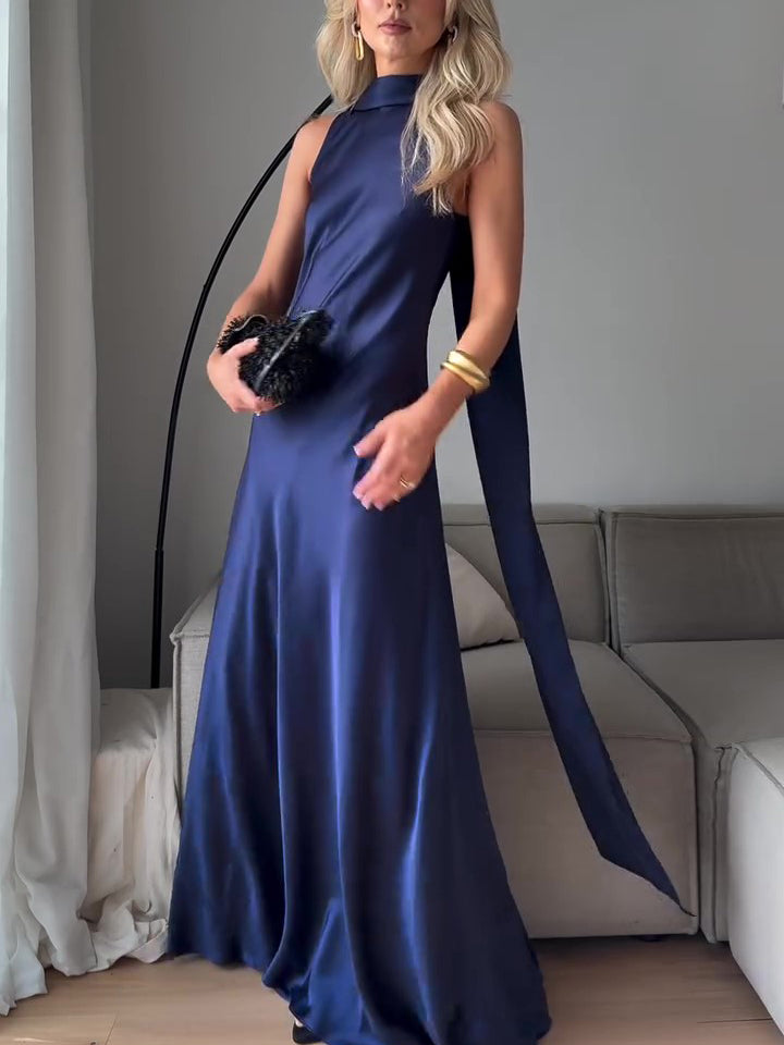 Maxi Dress in Royal Blue Satin with Draped Scarf Neck - three-quarter front view with scarf detail