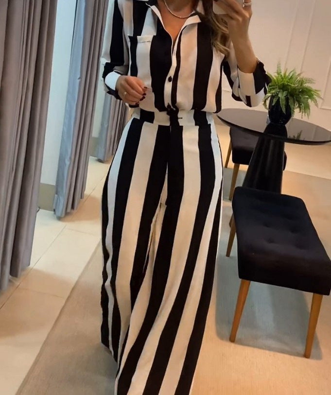 Shirt & Wide-Leg Trouser Co-ord in Black and White Stripe - angled front full-length