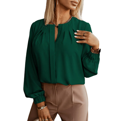 Blouse with Pleated Split Neck and Blouson Sleeves - green front view