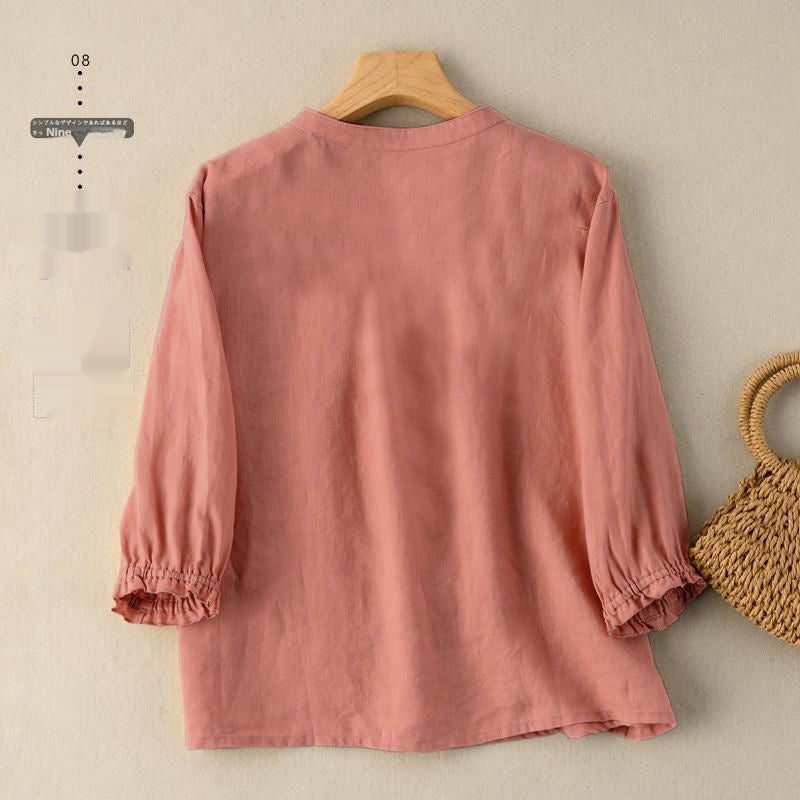 Blouse in Textured Cotton with Gathered Half Sleeves - lotus pink back view