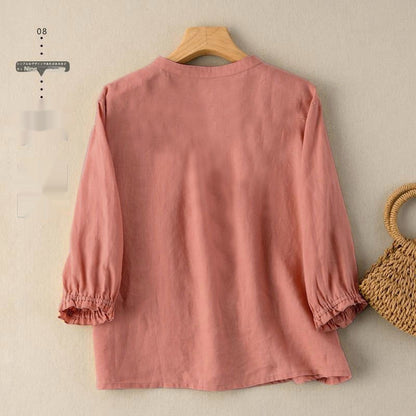 Blouse in Textured Cotton with Gathered Half Sleeves - lotus pink back view