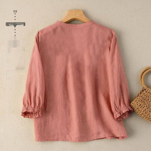 Blouse in Textured Cotton with Gathered Half Sleeves - lotus pink back view