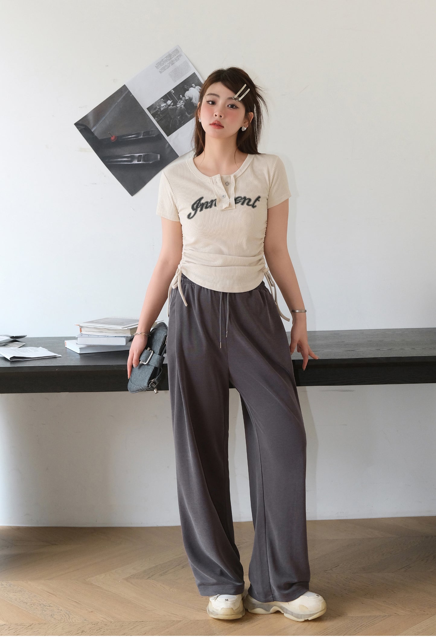 Khaki Ribbed Graphic Print Tee & Grey Wide-Leg Trousers Set - full-length styled outfit