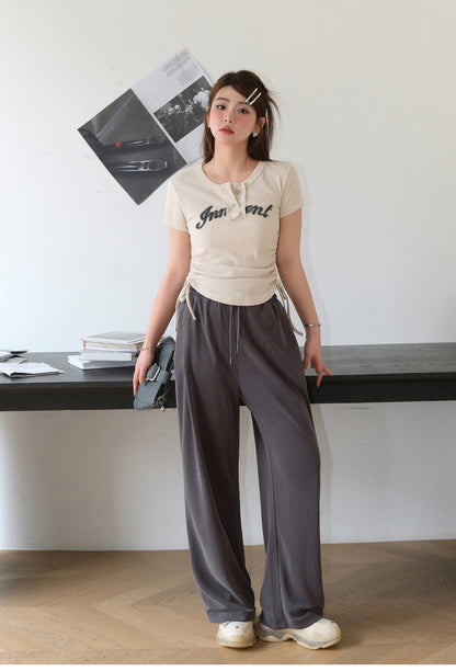 Khaki Ribbed Graphic Print Tee & Grey Wide-Leg Trousers Set - full-length styled outfit