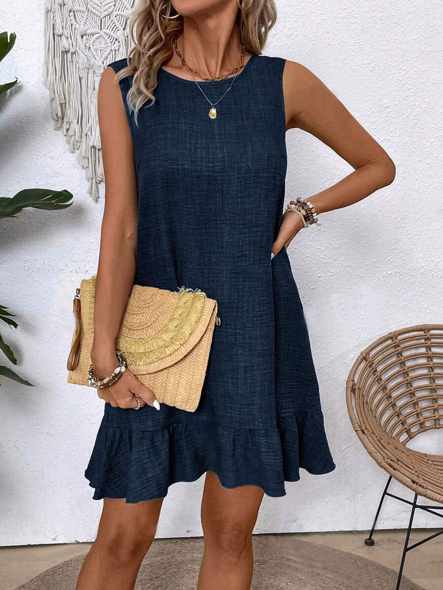 Mini Dress with Ruffle Hem and Sleeveless Swing Fit - sapphire blue front view