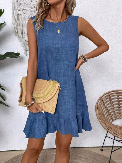 Mini Dress with Ruffle Hem and Sleeveless Swing Fit - sapphire blue front view with flared hem