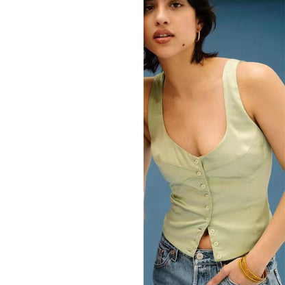 Vest Top in Satin with Square Neck and Button Front - green studio front