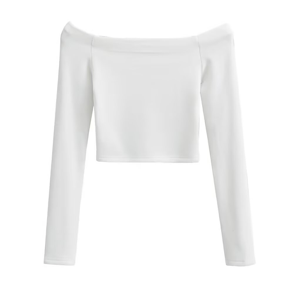 Bardot Long Sleeve Crop Top in Black, White and Neutrals - white front view