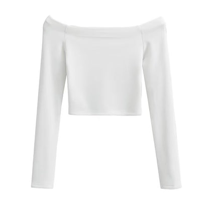 Bardot Long Sleeve Crop Top in Black, White and Neutrals - white front view