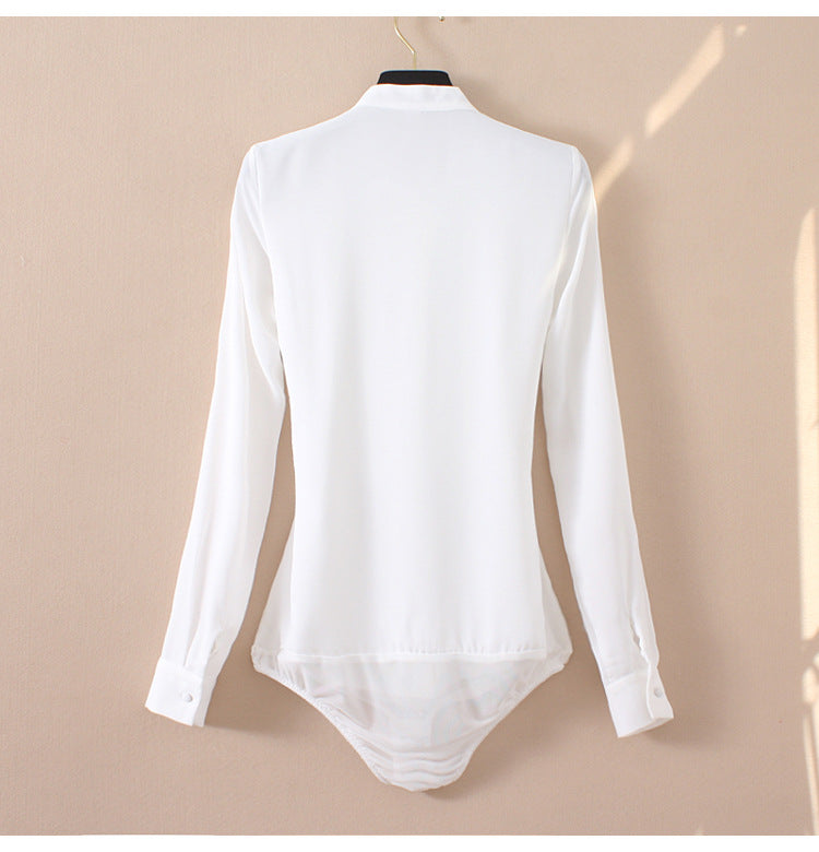 Bodysuit Blouse in Pleated Chiffon with Stand Collar - white back view