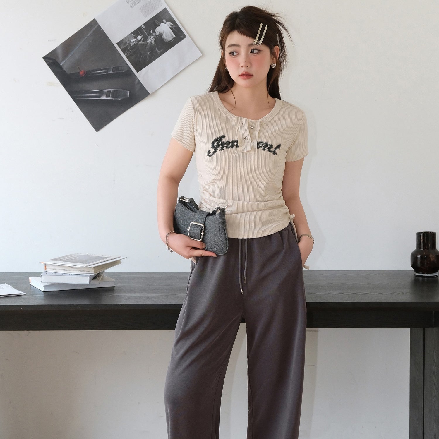 Khaki Ribbed Graphic Print Tee & Grey Wide-Leg Trousers Set - outfit hero front view
