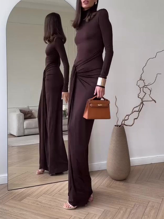 Ruched Slit Maxi Dress in Chocolate Brown - chocolate brown side view with draped hip detail