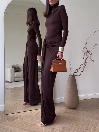 Ruched Slit Maxi Dress in Chocolate Brown - chocolate brown side view with draped hip detail