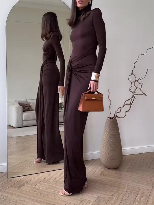 Ruched Slit Maxi Dress in Chocolate Brown - chocolate brown side view with draped hip detail