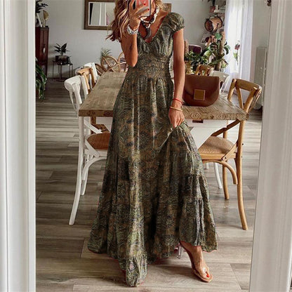 Maxi Dress in Floral Print with Tiered Skirt and V-Neck - Coffee full-length front view