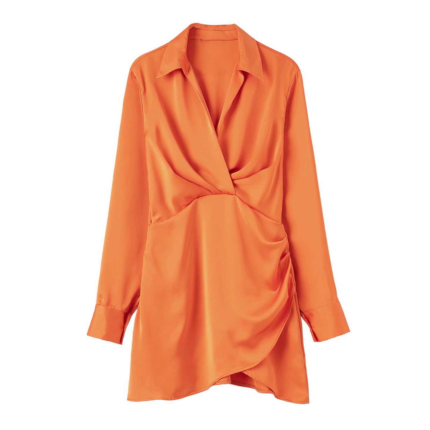 Mini Shirt Dress with Satin-Feel Drape Waist - orange front view