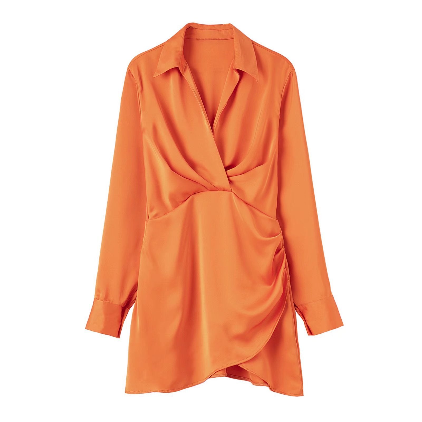 Mini Shirt Dress with Satin-Feel Drape Waist - orange front view