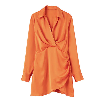 Mini Shirt Dress with Satin-Feel Drape Waist - orange front view