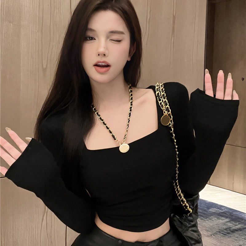 Square-Neck Long-Sleeve Ruched Top - Black front styled view