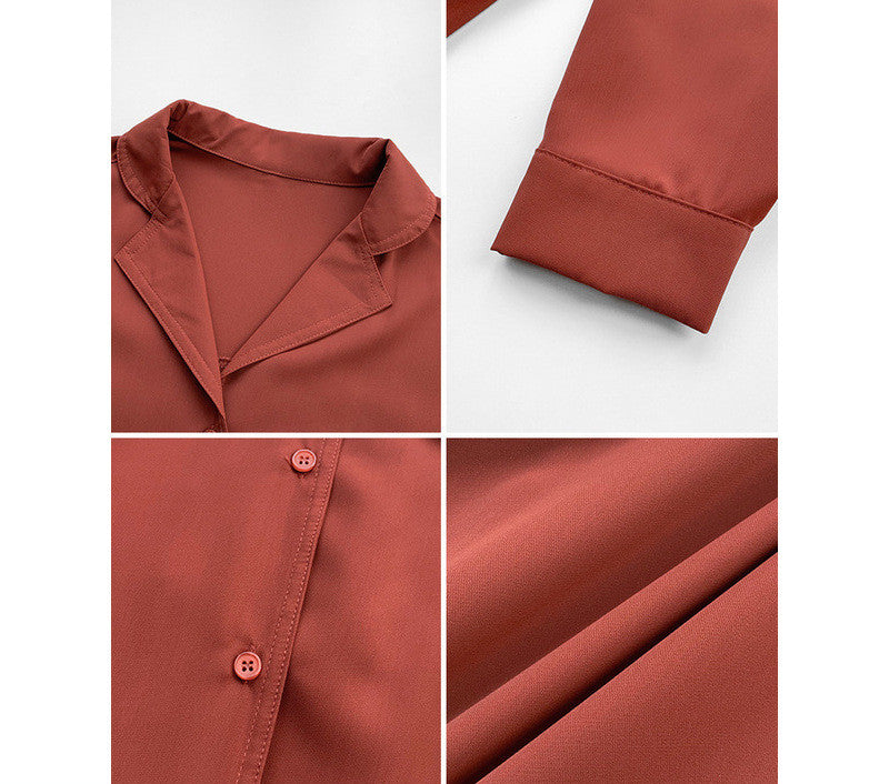 Blouse with Revere Collar, Relaxed Fit and Long Sleeves - red collar and cuff detail