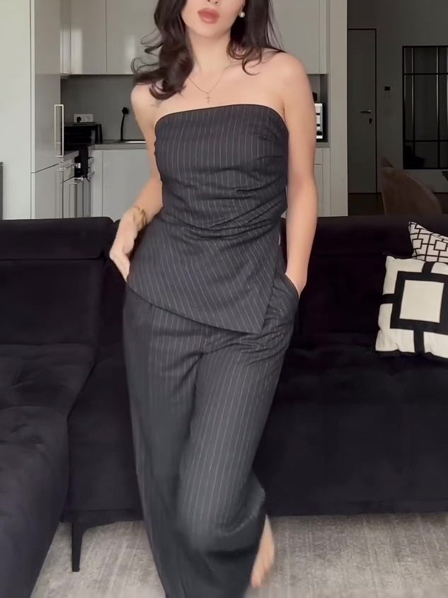 Bandeau Top & Wide-Leg Trousers Co-Ord in Pinstripe - charcoal pinstripe angled front view showing pockets