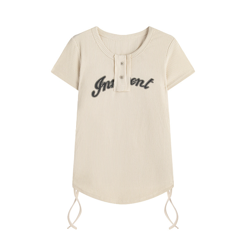 Khaki Ribbed Graphic Print Tee & Grey Wide-Leg Trousers Set - khaki tee flat lay detail
