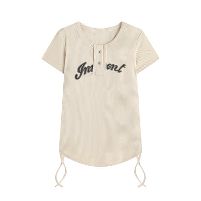 Khaki Ribbed Graphic Print Tee & Grey Wide-Leg Trousers Set - khaki tee flat lay detail