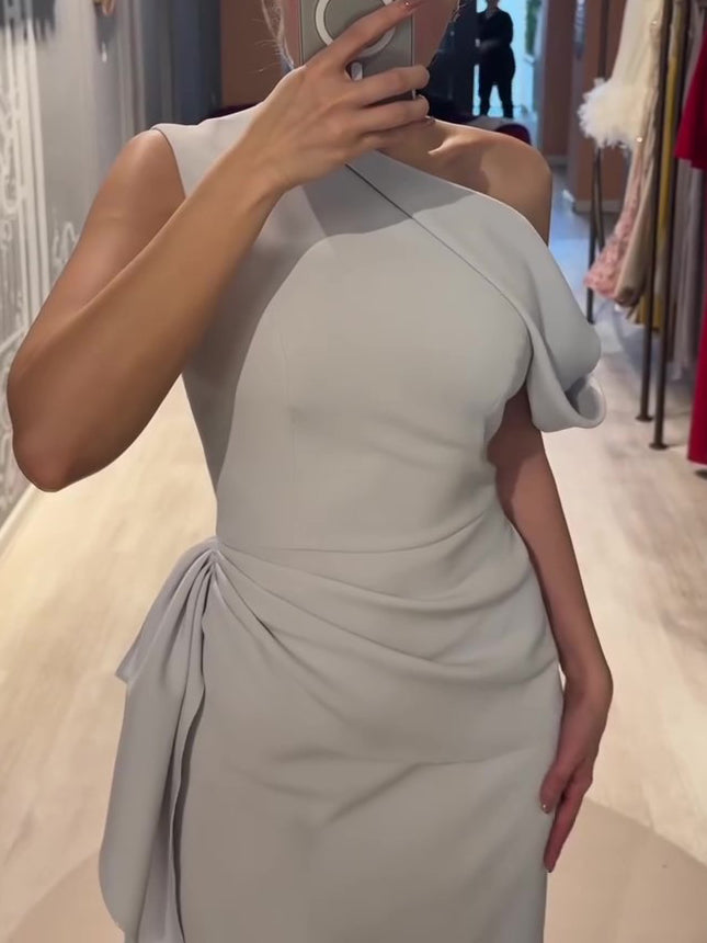 Maxi Dress in Soft Grey with One-Shoulder Drape - upper-body front angle