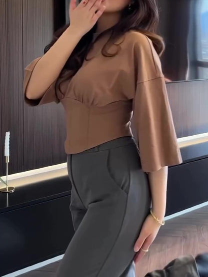 Peplum Crop Top with Flared Short Sleeves - brown side view