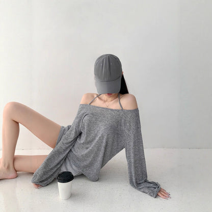 Top with Off-Shoulder Halter Strap - light grey seated back view