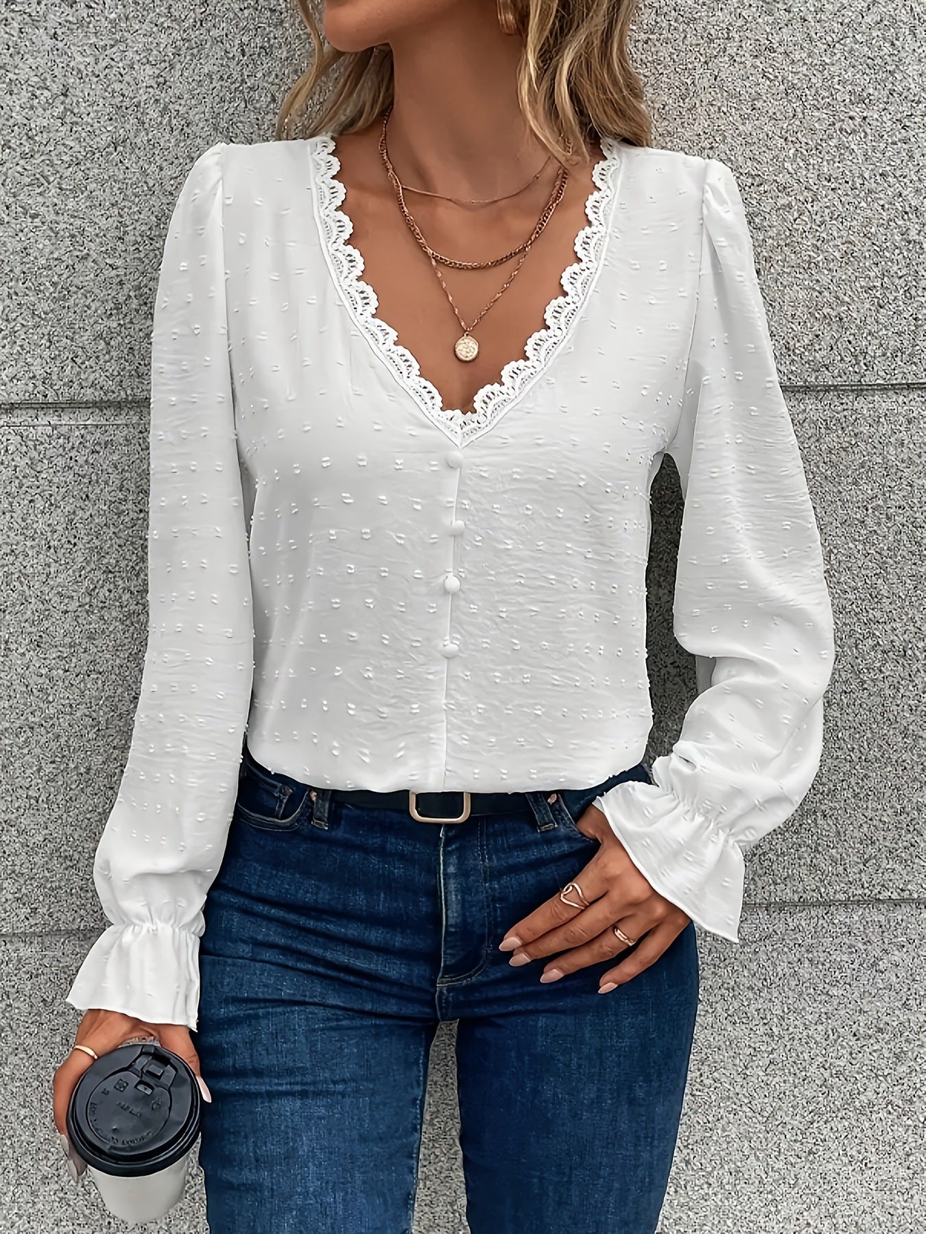 Blouse with Scalloped V-Neck and Button Front - white front view