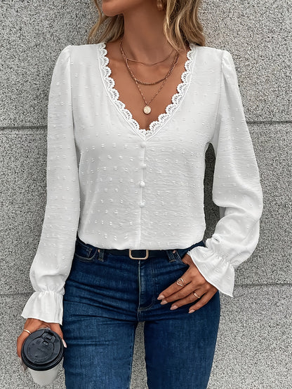 Blouse with Scalloped V-Neck and Button Front - white front view