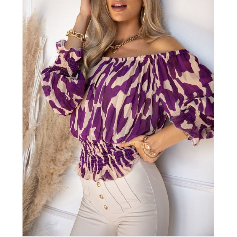 Blouse in Abstract Animal Print with Bardot Neckline - purple side pose